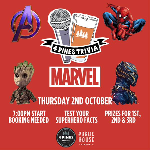 Marvel Themed Trivia at 4 Pines Public House, Newport! 🦸‍♂️